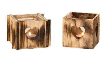 Herz Teelichthalter Holz mit Glas h=9cm