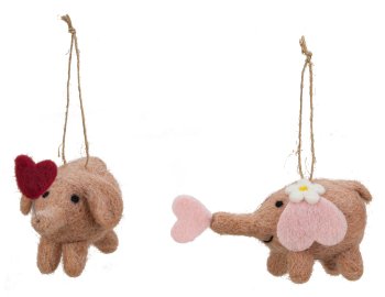 Felt elephants with hearts for hanging