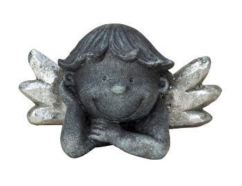 Baby angel head lying with silver wings