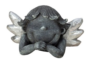 Baby angel head lying with silver wings