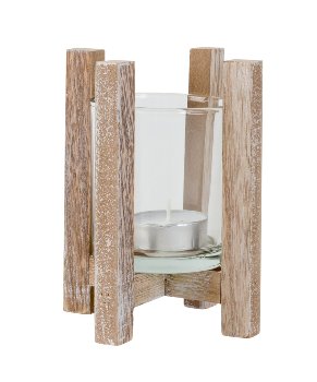 T-light holder wood w. glass h=13cm