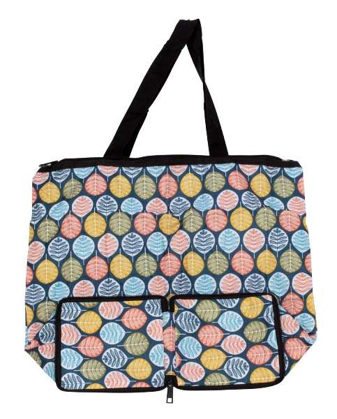 Shopping bag foldable with zipper, bottom & 2 outside case 45x38x14cm asst.