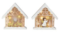 Holz-Winterhaus mit Engel und Rentieren