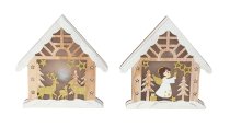 Holz-Winterhaus mit Engel und Rentieren