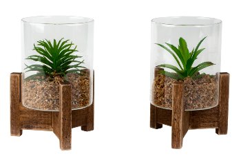 Glass with artificial cactus on wooden