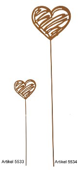 Metal garden stick heart rusty h=50,5cm