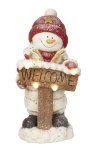 Snowman standing with "Welcome" plate