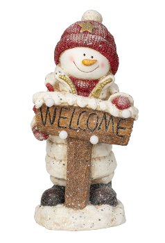 Snowman standing with "Welcome" plate