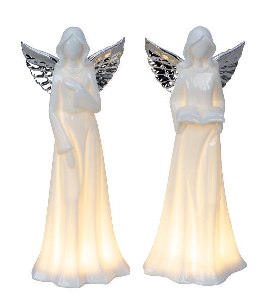 Engel Porzellan stehend mit silber Flügel & LED-Licht h=21cm b=8,5cm sort.