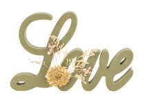 wooden words "Love" in green with flower