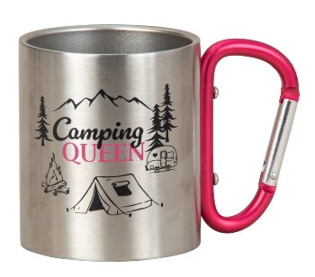 Metal cup with pink carabiner handle