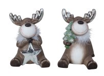 Reindeer sitting with white boa scarf,