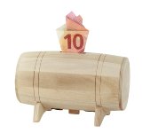 Wooden barrel as money box 13,5x7x8,5cm