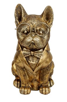 Funny pug dog in gold with big glasses