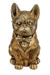 Funny pug dog in gold with big glasses