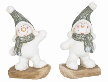Laughing snowmen standing on snowboard