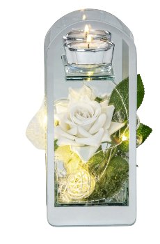Glasdeko mit weißer Rosendeko für