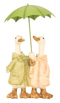 Goose couple standing with umbrella in