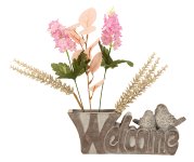 "Welcome"-Schriftzug mit Vögeln als Vase