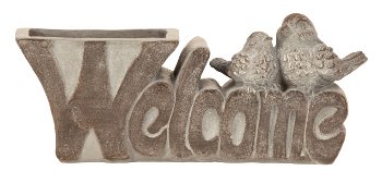 "Welcome"-Schriftzug mit Vögeln als Vase