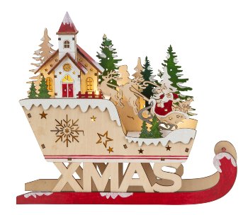 Wooden Xmas sledge with LED-light h=22cm