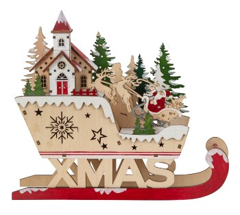 Wooden Xmas sledge with LED-light h=22cm