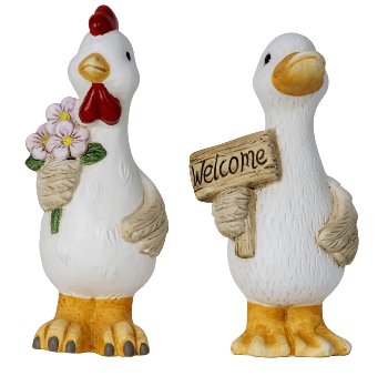 Gans mit Schild "Welcome" & Huhn mit