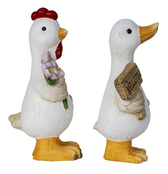 Gans mit Schild "Welcome" & Huhn mit