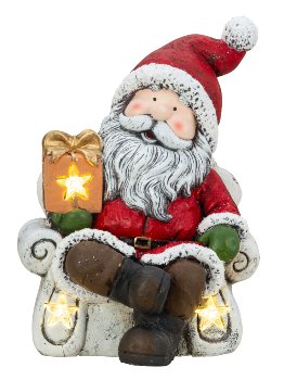 Nikolaus sitzend im Sessel mit Geschenk