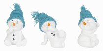 Cute snowman with turquois hat sitting