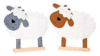 Felt sheep on wooden base h=44,5cm