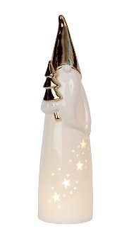 Santa standing with golden hat & tree in