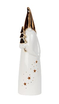 Santa standing with golden hat & tree in