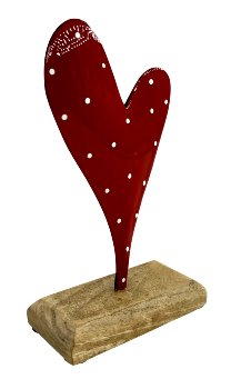 Metal heart red on wooden base h=17cm