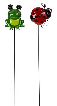 Metal frog & ladybird on stick h=71cm