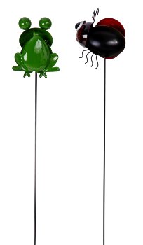 Metal frog & ladybird on stick h=71cm