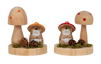 Holz-Pilz-Deko mit Igel h=10,5+12cm