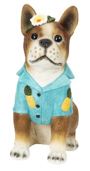 Dog sitting with shirt and flowers