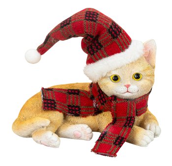 Cat lying with hat and scarf h=18cm