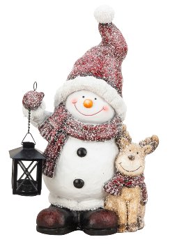 Snowman standing with reindeer & lantern