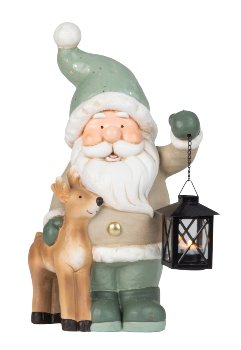 Santa with lantern in hand near reindeer