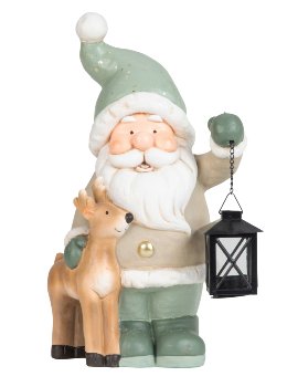 Santa with lantern in hand near reindeer