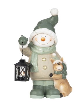 Snowman with lantern in hand & reindeer