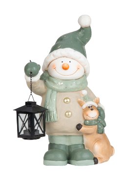 Snowman with lantern in hand & reindeer