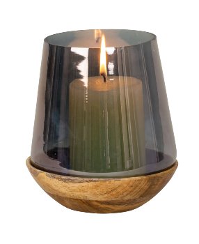 Wooden bowl with glass as candle holder