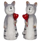 Katze grau stehend mit Herz in der Hand