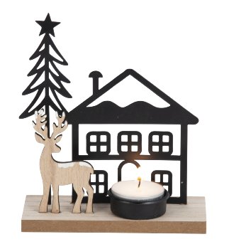 Metallhaus mit Tannenbaum & Holz-Rentier