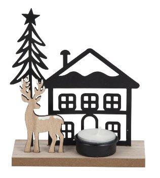 Metallhaus mit Tannenbaum & Holz-Rentier