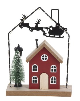 Wooden house with metal xmas deco &