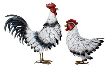 Metal cock and hen spotted standing